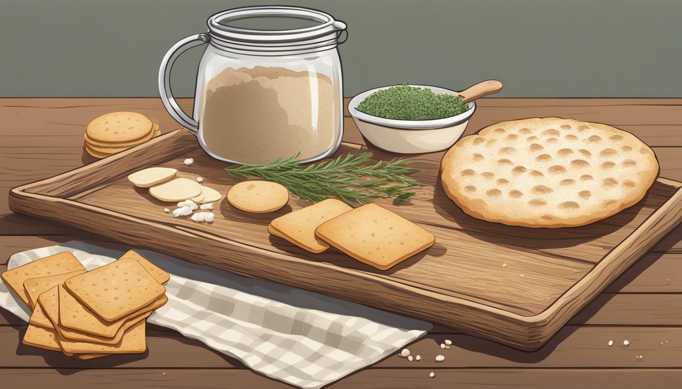 A rustic wooden table with scattered flour, a rolling pin, and various herbs and spices. A tray of freshly baked sourdough crackers cooling on a wire rack