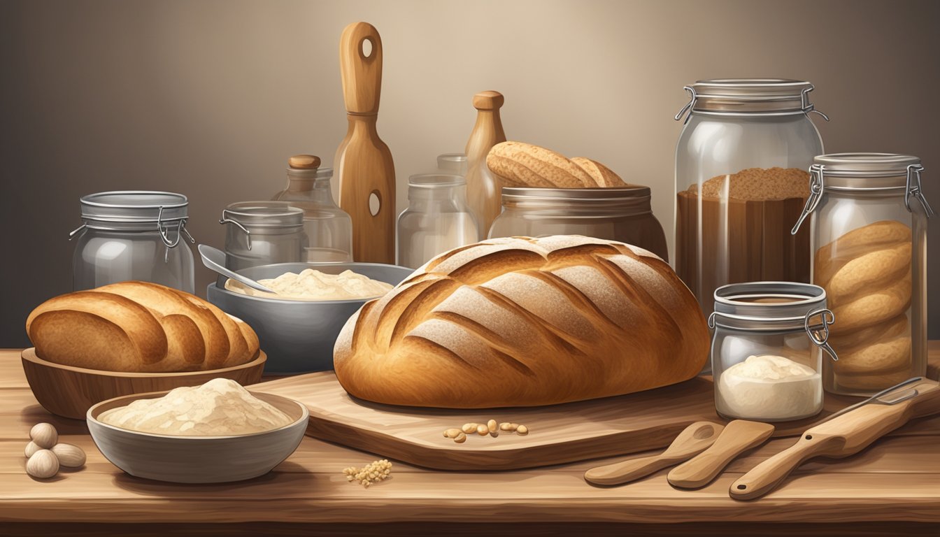 A rustic wooden table with a freshly baked loaf of sourdough bread, surrounded by jars of starter culture and traditional baking tools