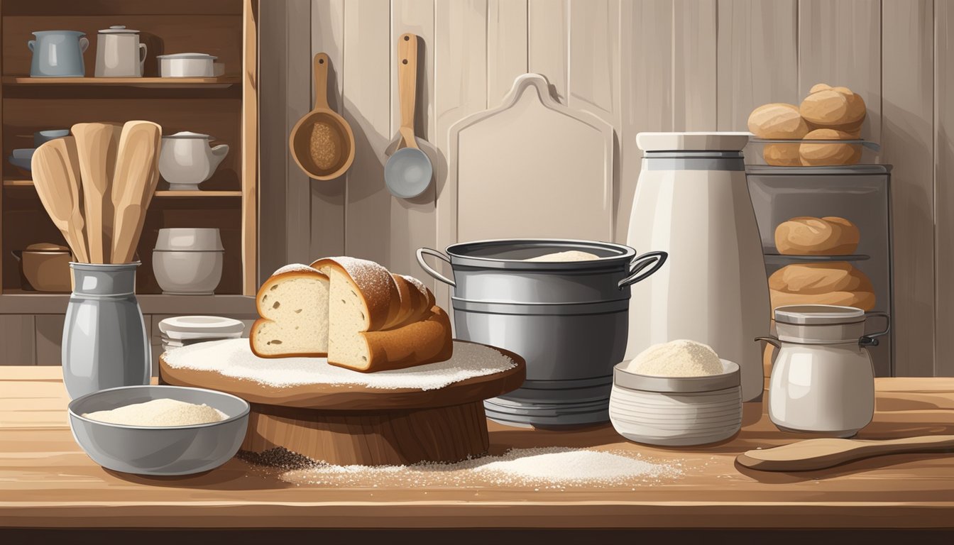 A rustic kitchen with a wooden table holding a flour-dusted sourdough starter, surrounded by traditional baking tools and modern baking equipment