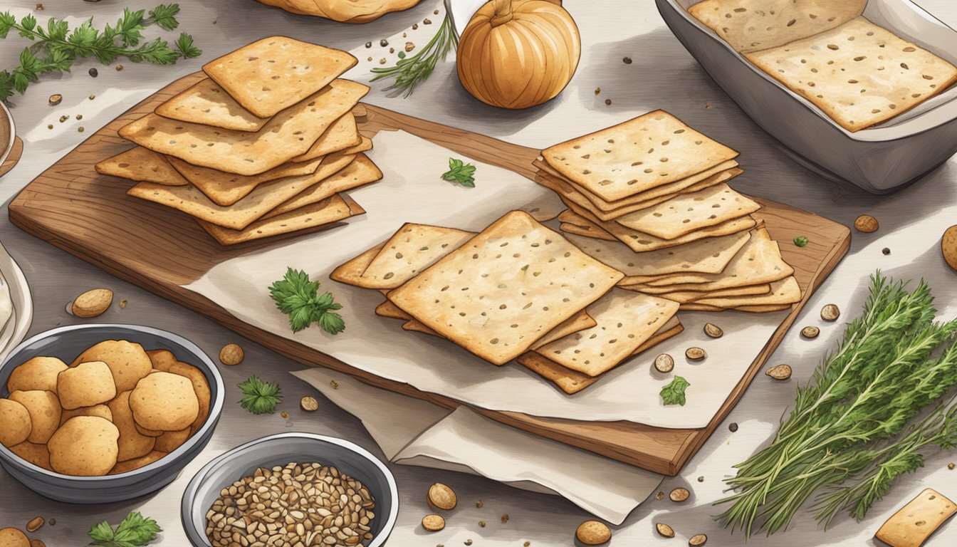 A rustic kitchen table covered with parchment paper, displaying a variety of thin, crispy sourdough crackers topped with seeds and herbs