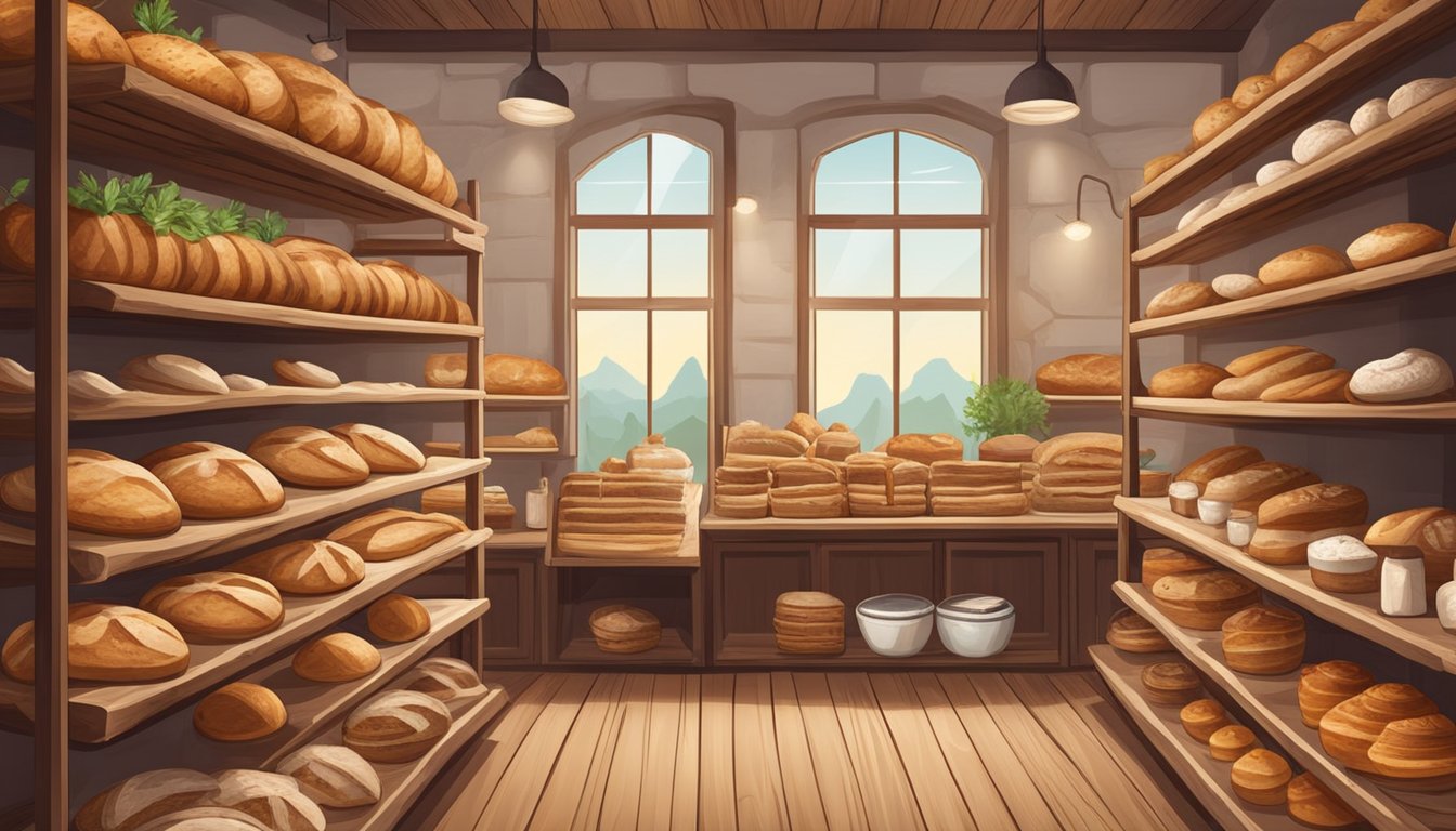 A rustic bakery with traditional sourdough loaves on wooden shelves, surrounded by modern health food products