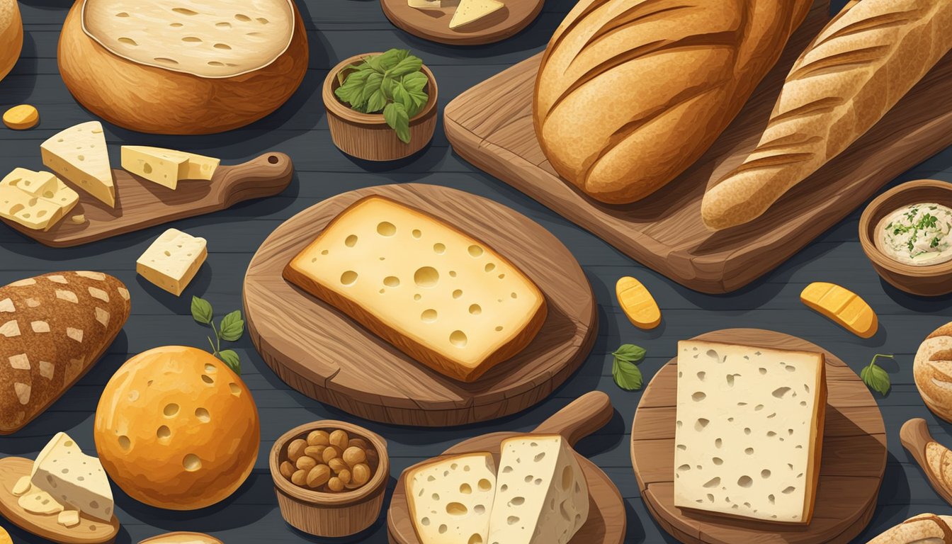 A rustic wooden table displays an assortment of artisanal sourdough bread and various cheeses, arranged in an inviting and appetizing manner