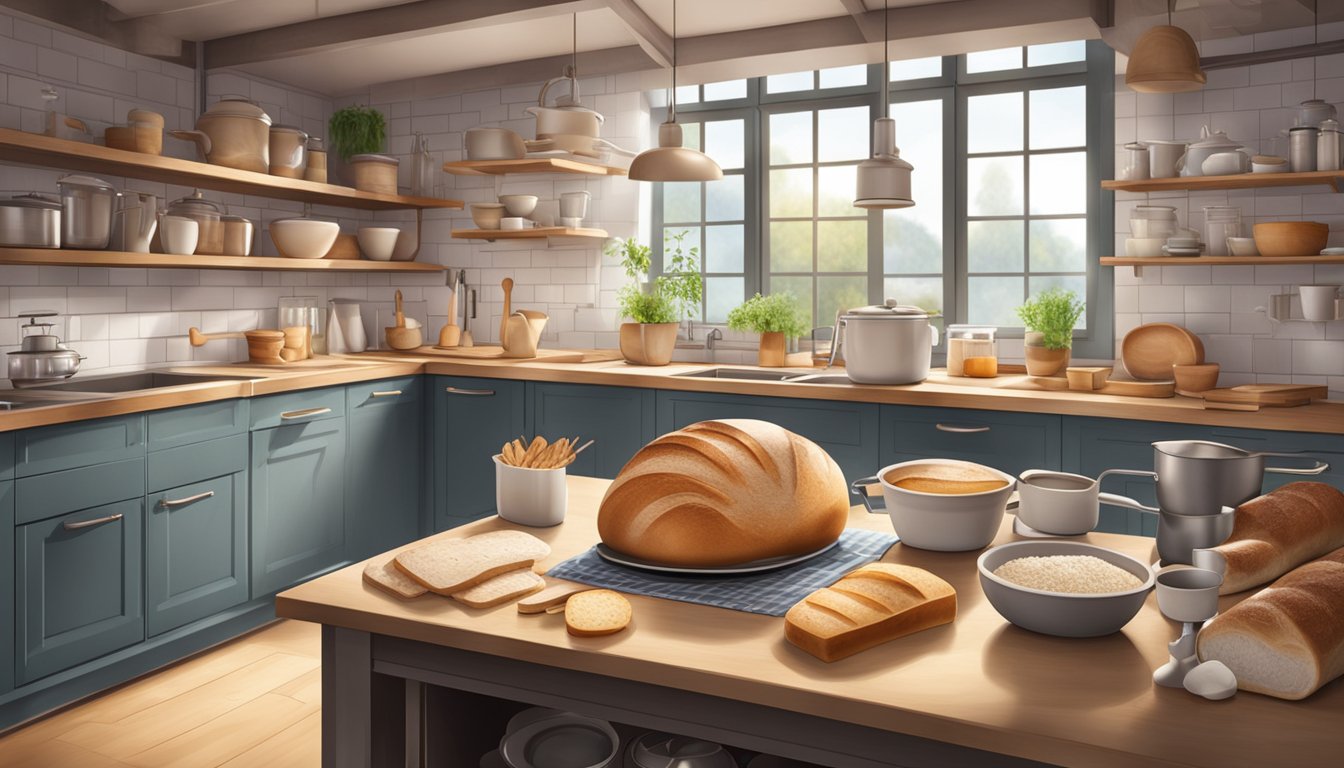 A modern kitchen with traditional sourdough ingredients and equipment alongside high-tech bread-making gadgets