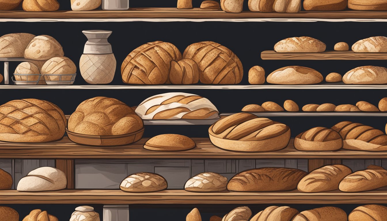 A rustic bakery with traditional sourdough loaves displayed alongside modern sourdough variations, reflecting the ethical debate between tradition and innovation