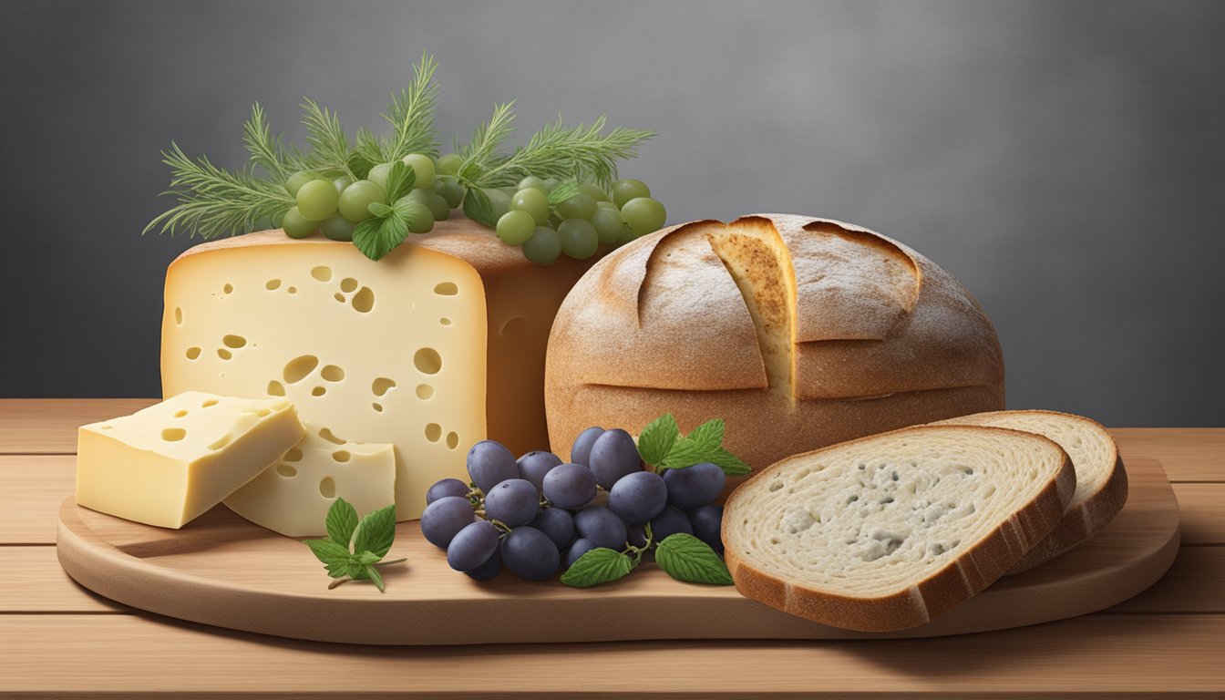 A rustic loaf of sourdough bread sits next to a variety of artisanal cheeses on a wooden cutting board, surrounded by sprigs of fresh herbs and clusters of grapes