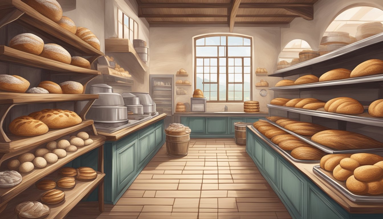 A rustic bakery with traditional and modern baking equipment side by side, showcasing the contrast between tradition and innovation in sourdough production