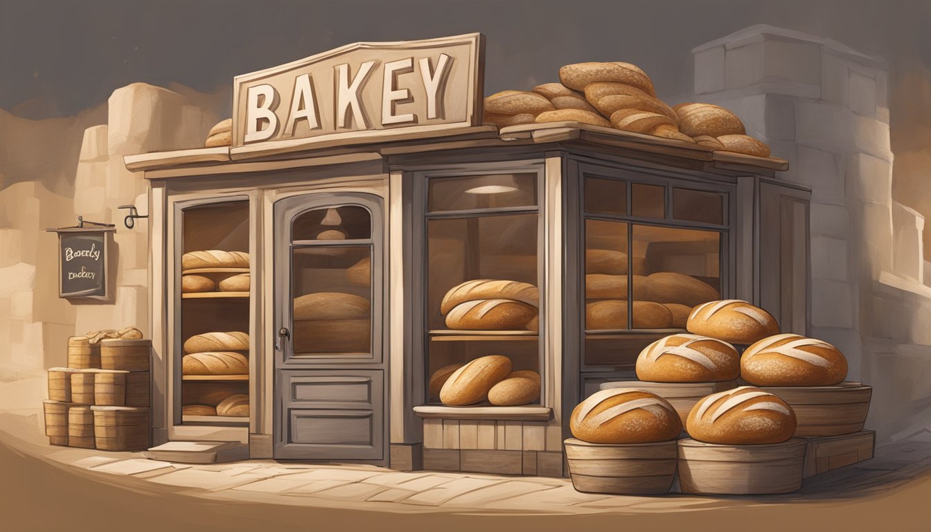 A rustic bakery with traditional sourdough loaves displayed alongside modern, experimental sourdough creations. A baker carefully balances tradition and innovation in their creations