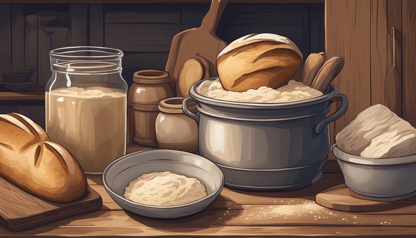 A rustic kitchen with antique baking tools, sourdough starter in a vintage crock, and a loaf of sourdough bread cooling on a wooden table