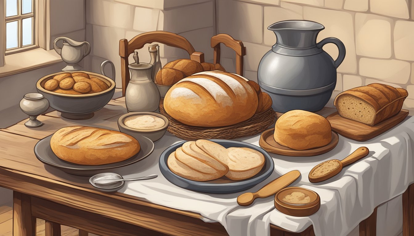 A table with sourdough bread in various historical eras, from ancient to medieval to colonial times, surrounded by period-appropriate utensils and decor