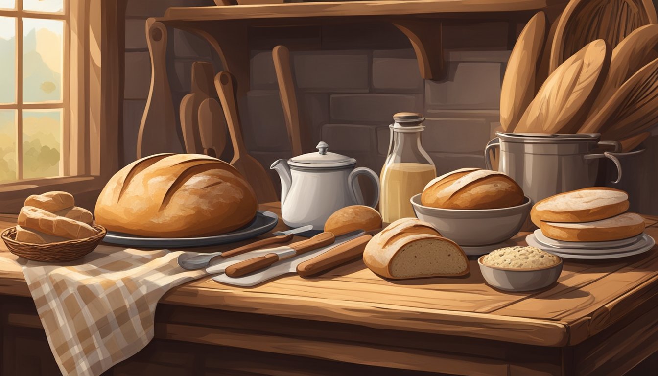 A rustic kitchen table with a loaf of sourdough bread, a bowl of starter, and vintage baking tools. A warm, inviting atmosphere with historical charm