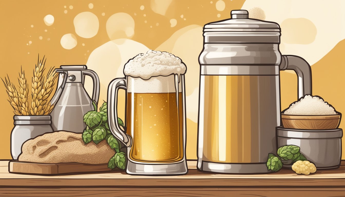 A bubbling sourdough starter sits next to a foamy beer brew, surrounded by various ingredients like flour, hops, and yeast. A warm, golden glow fills the space, highlighting the transformative process of fermentation