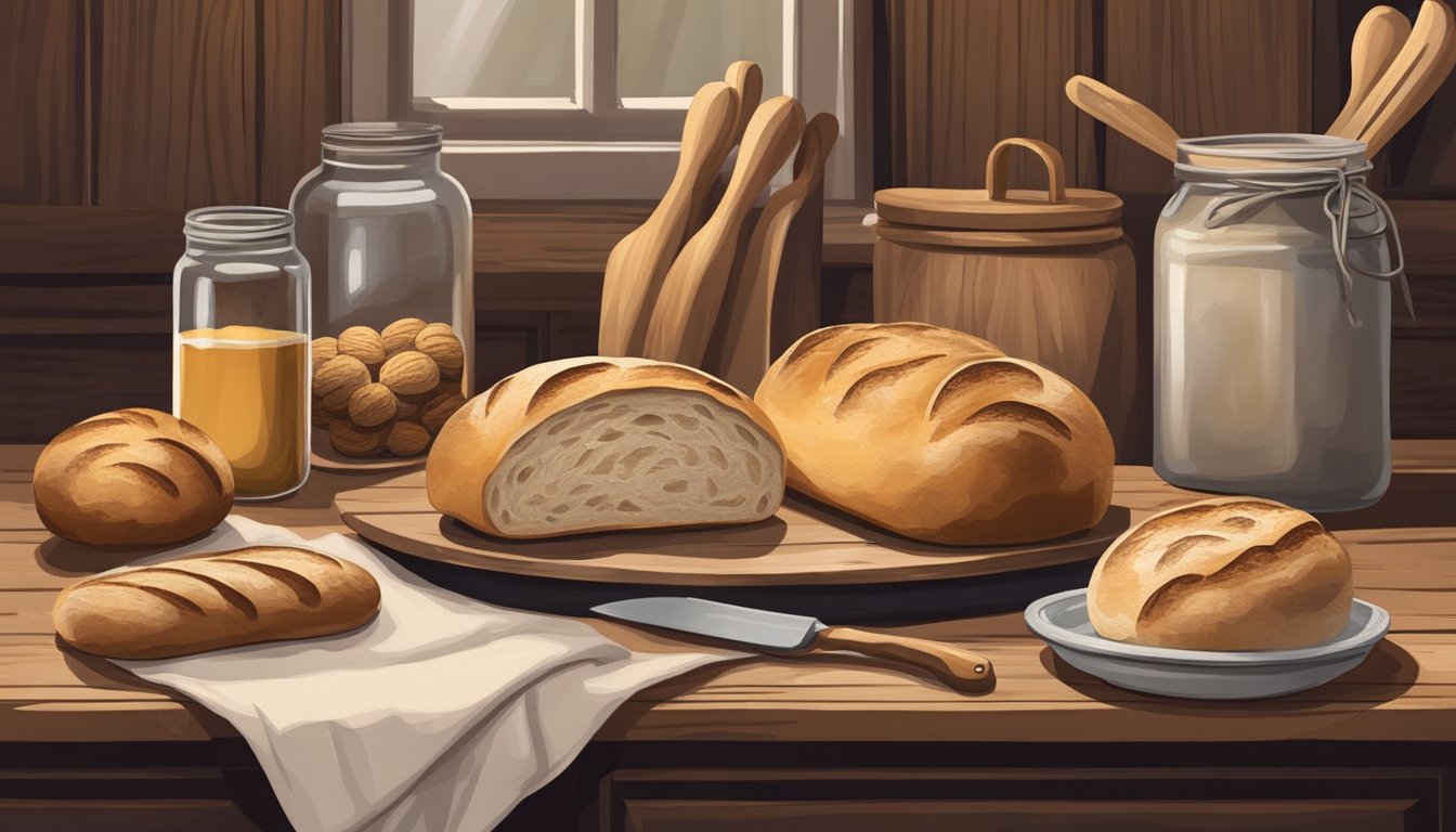 A rustic wooden table with a loaf of sourdough bread, a jar of starter, and vintage baking tools, surrounded by modern and historical kitchen decor