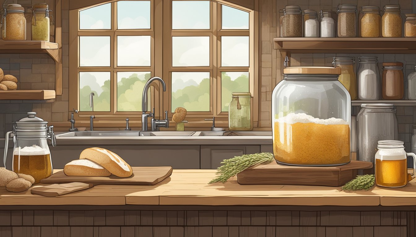 A rustic kitchen counter with sourdough bread rising next to a bubbling beer fermenter, surrounded by jars of fermenting ingredients