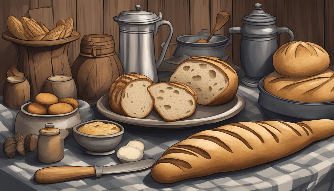 A table set with a rustic loaf of sourdough bread, surrounded by historical reenactment props and living history artifacts