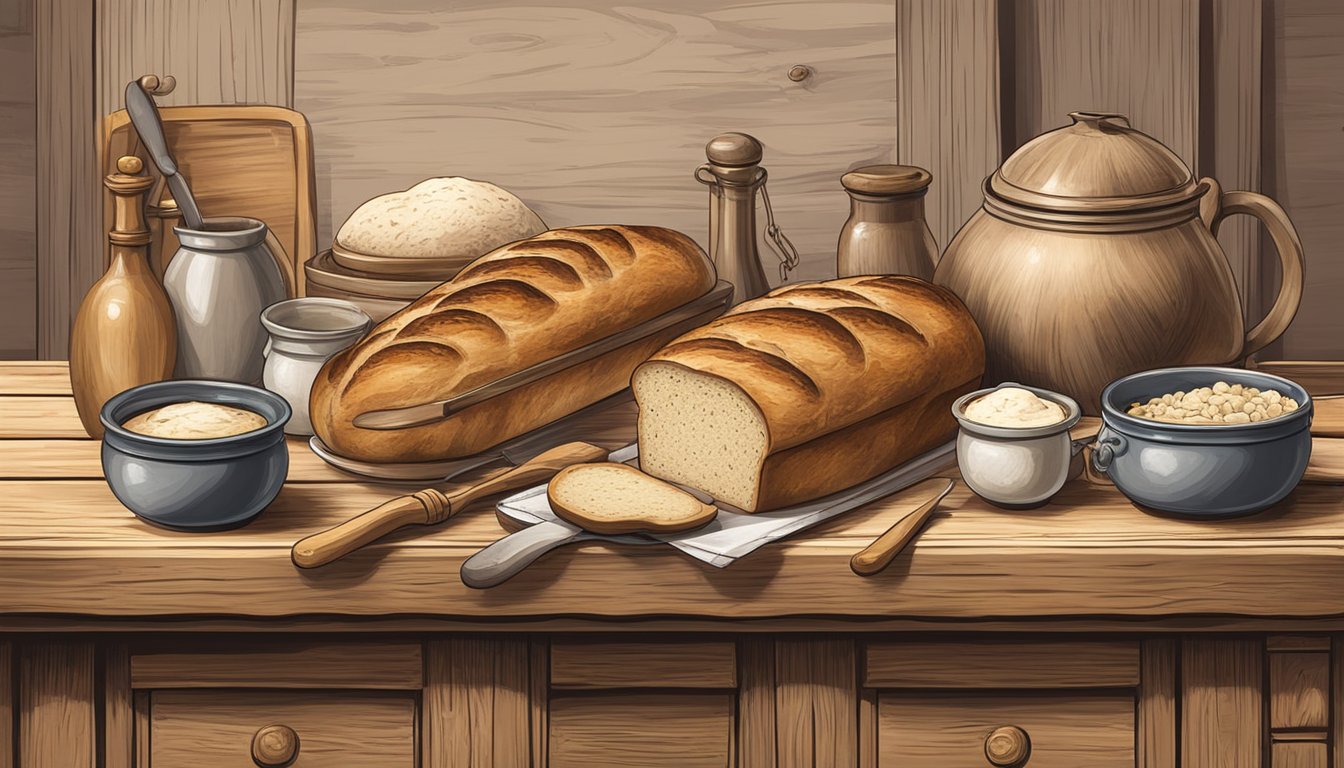 A rustic wooden table with a loaf of sourdough bread, surrounded by antique cooking utensils and historical artifacts