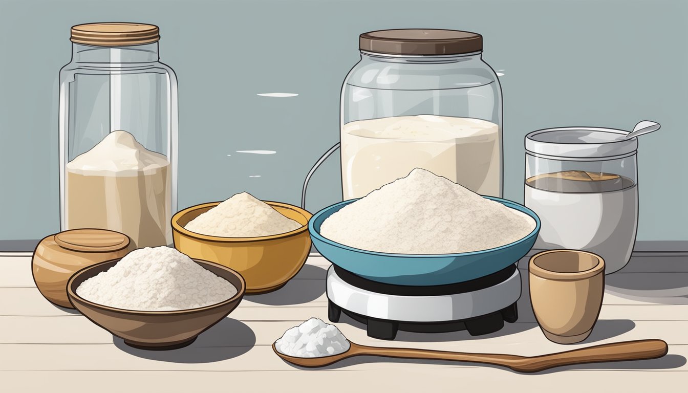 A kitchen counter with bowls of flour, water, and sourdough starter, along with measuring spoons and a scale for precise measurements