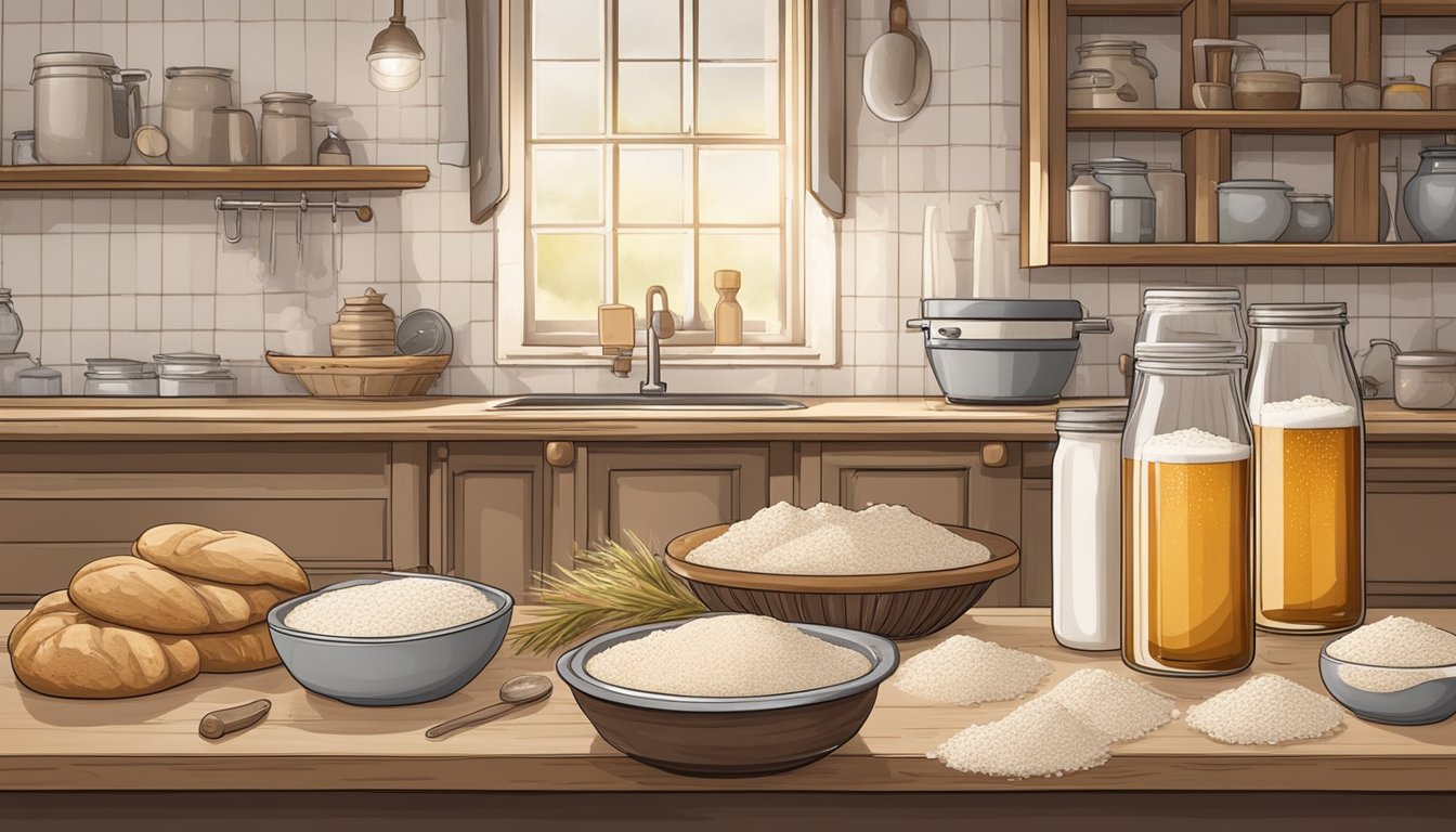 A rustic kitchen with bubbling sourdough starter next to fermenting beer, surrounded by flour, grains, and baking tools