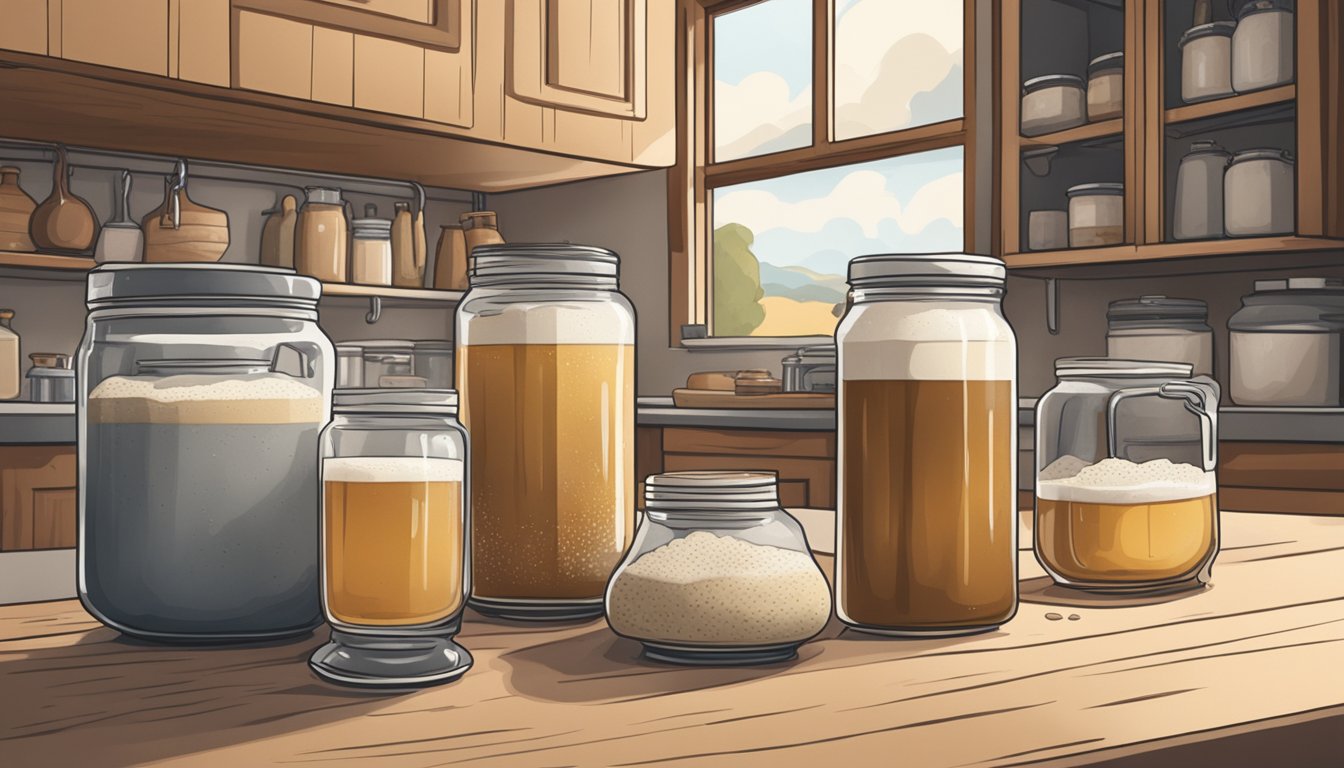 A rustic kitchen with bubbling sourdough starter and a fermenting beer batch sitting side by side on the counter