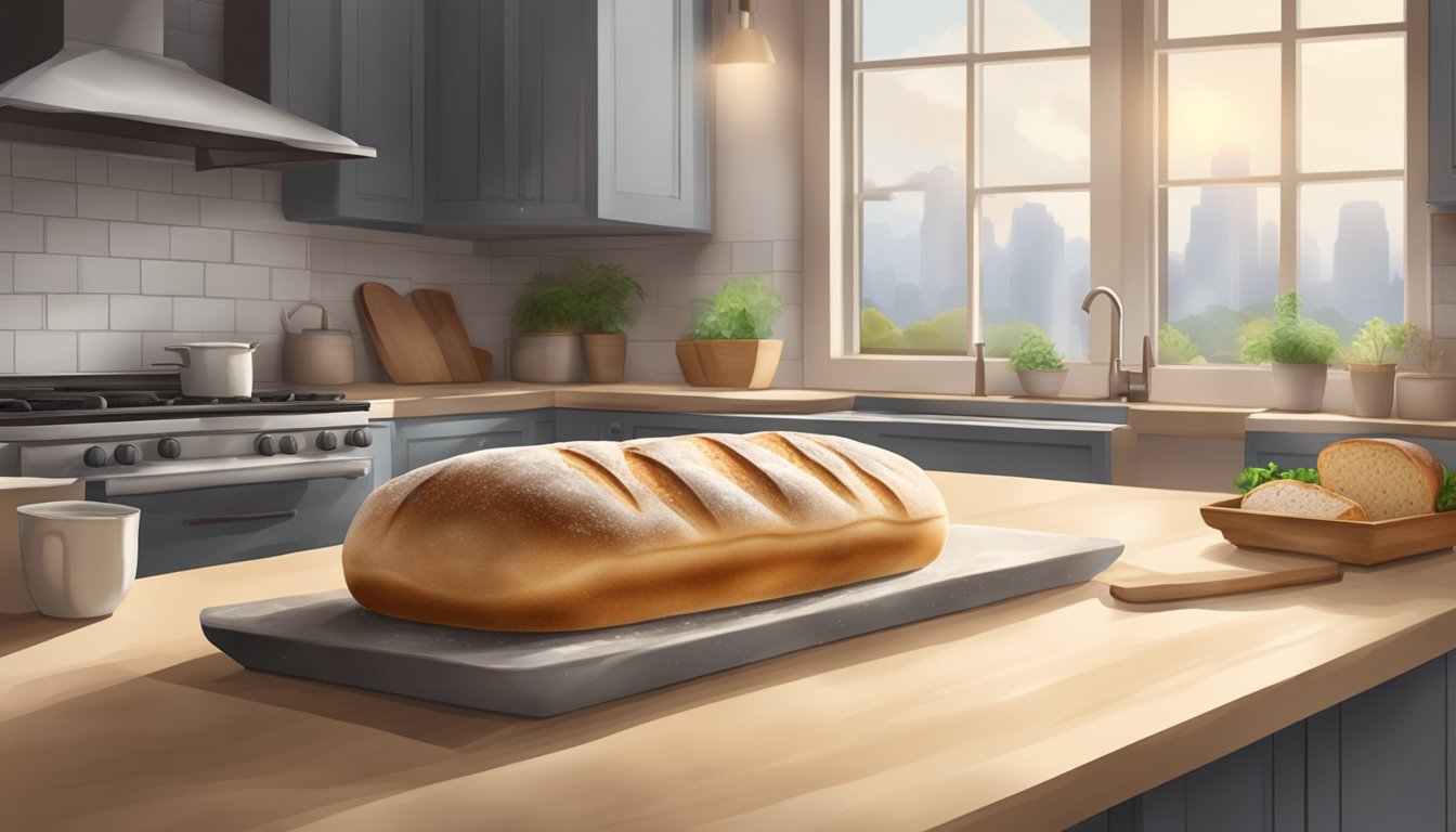 A loaf of sourdough bread rising on a kitchen counter in a hot and humid environment, with the windows fogged up and the air thick with moisture