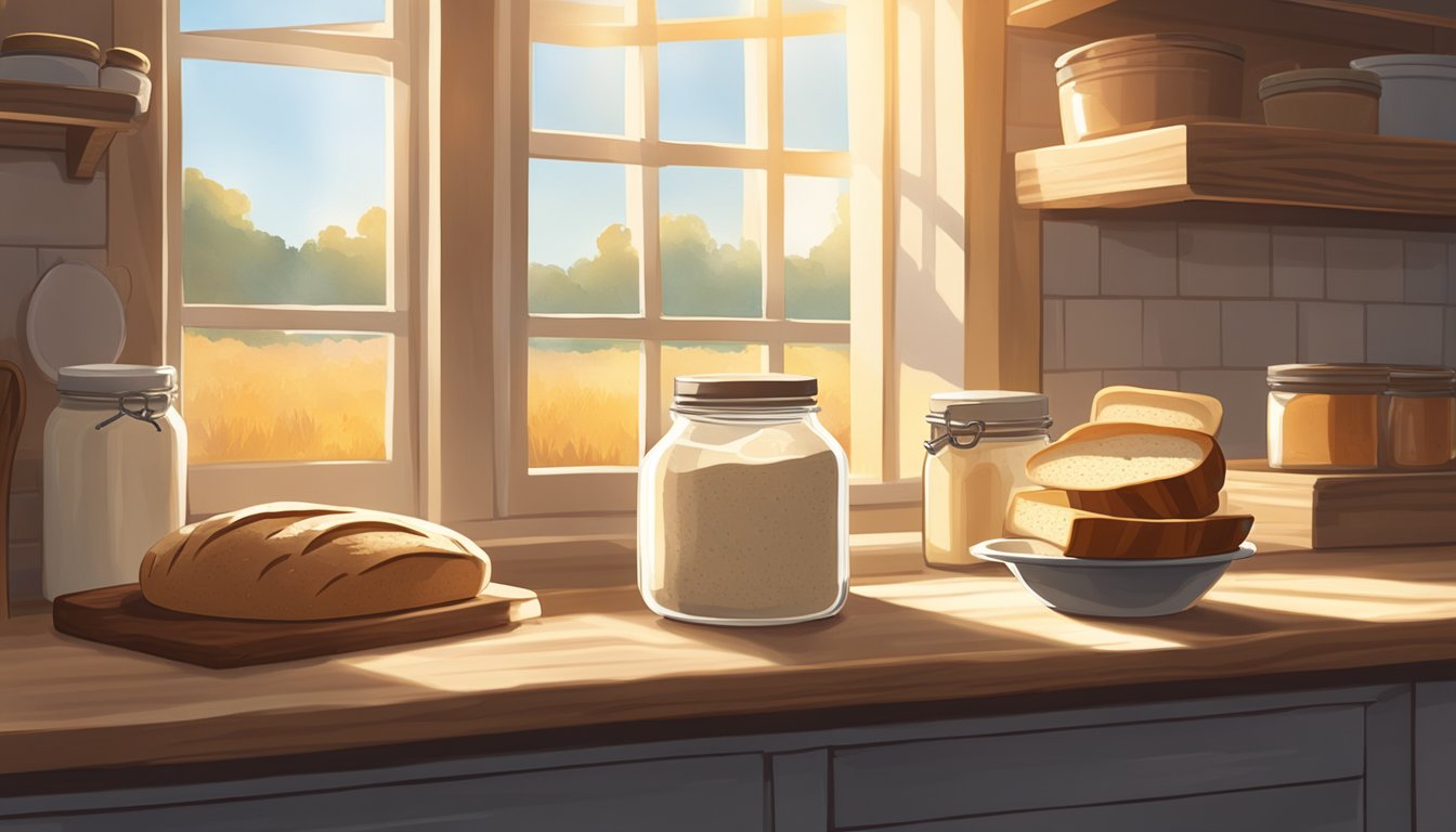 A rustic kitchen with open windows, sunlight streaming in, a jar of sourdough starter on the counter, and a loaf of bread rising in a warm, humid environment