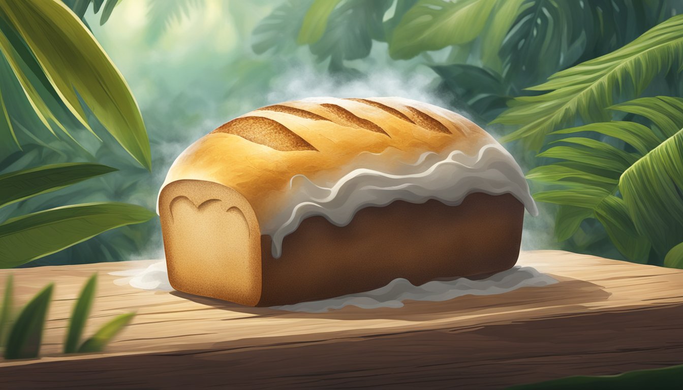 A loaf of sourdough bread rising on a rustic wooden table in a hot and humid environment, surrounded by tropical foliage and steam rising from the ground