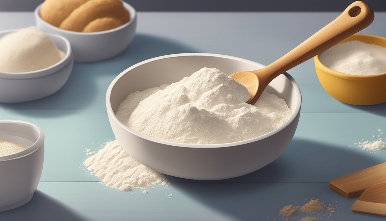 A bowl of flour and water sit on a countertop, with a wooden spoon nearby. The mixture begins to form a smooth, elastic dough as it undergoes the autolyse process