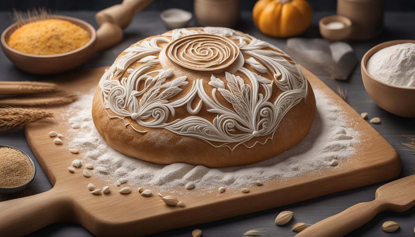 A baker delicately sculpts a sourdough loaf into an intricate design, creating edible art. The bread sculpture sits on a wooden cutting board, surrounded by flour and baking utensils