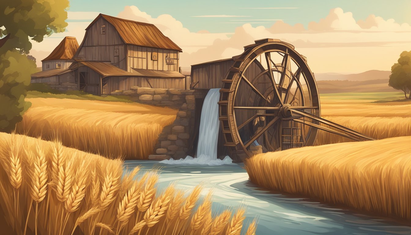 A vintage flour mill with a large water wheel turning next to a rustic sourdough bakery, surrounded by fields of golden wheat