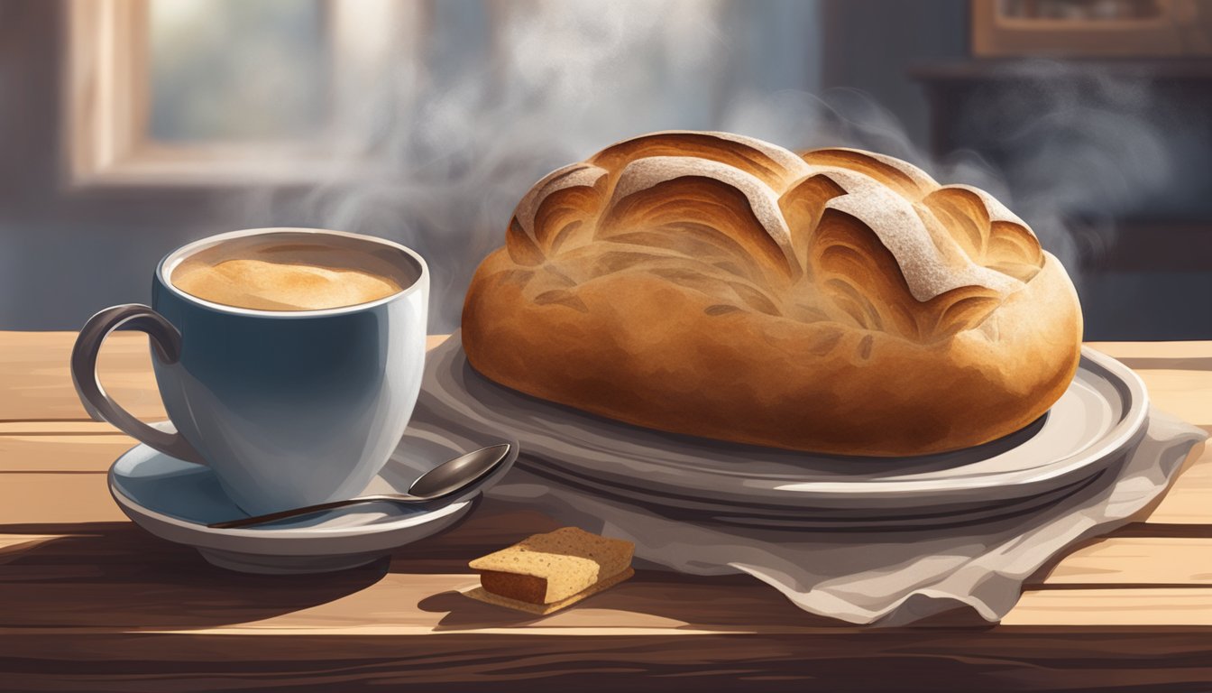 A rustic loaf of sourdough bread sits beside a steaming cup of coffee on a wooden table, creating a cozy and inviting scene