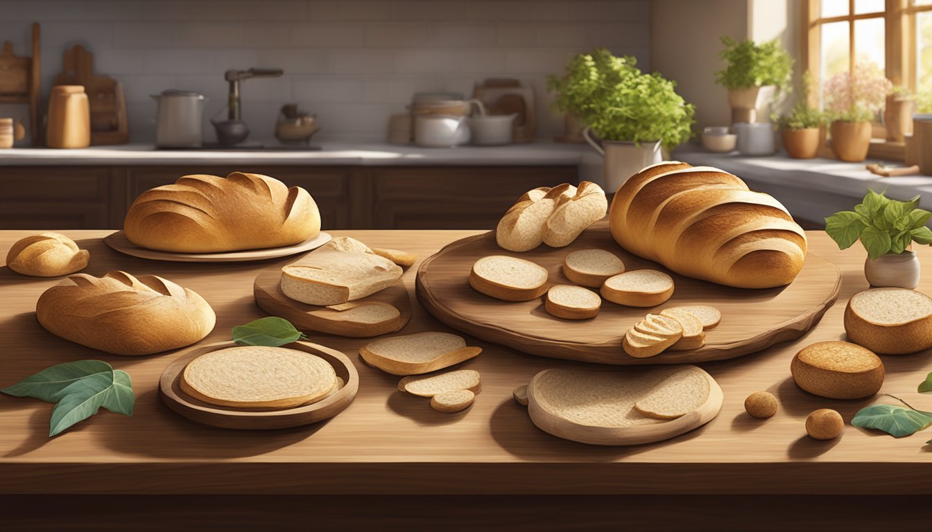 A rustic wooden table adorned with sourdough bread sculptures inspired by nature, including leaves, flowers, and vines, set against a backdrop of a sunlit kitchen