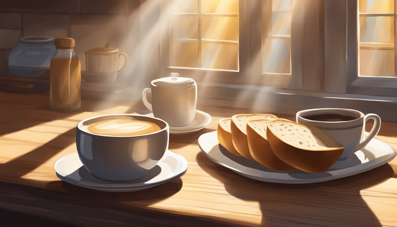 A rustic kitchen table with a loaf of sourdough bread, a jar of starter, and a steaming cup of coffee. Sunlight streams through a window, casting warm shadows on the scene