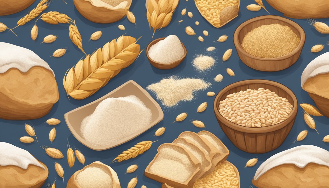 A variety of wheat grains being milled into flour, with the resulting flour being mixed into sourdough bread dough