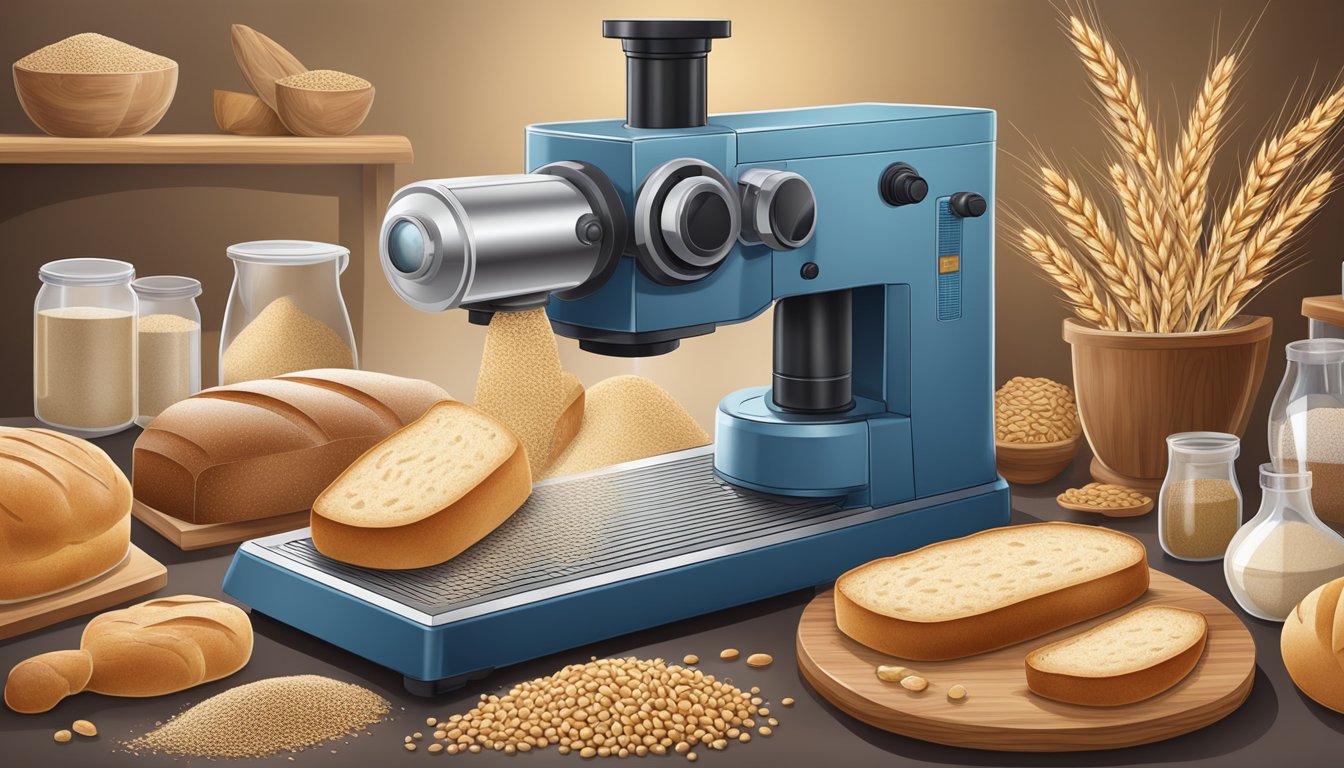 A close-up of a milling machine processing grains, with a scientific microscope analyzing the composition and microbiology of sourdough bread