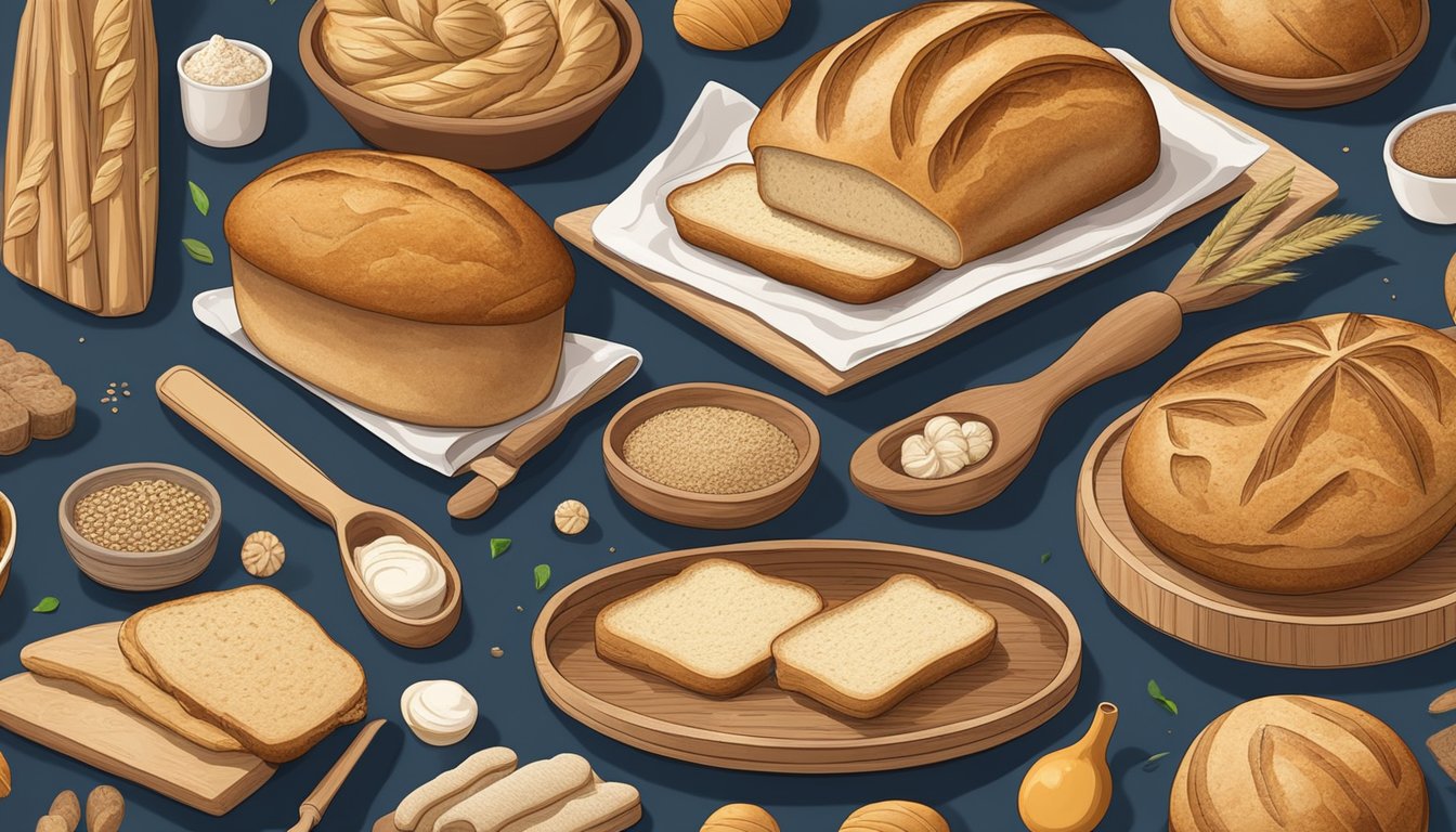 A table covered in sourdough bread sculptures inspired by cultural themes, surrounded by various baking tools and ingredients