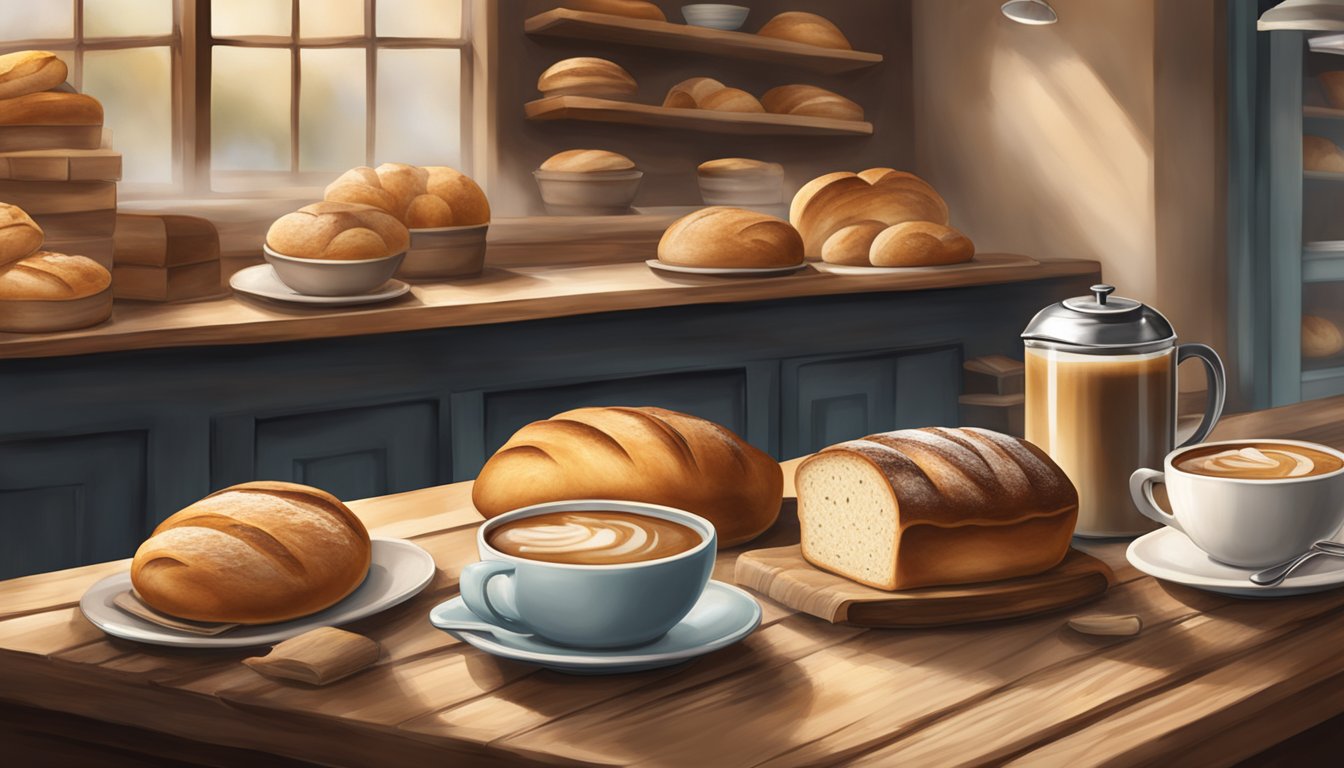 A rustic bakery table displays an assortment of sourdough loaves alongside steaming cups of coffee, creating a warm and inviting scene