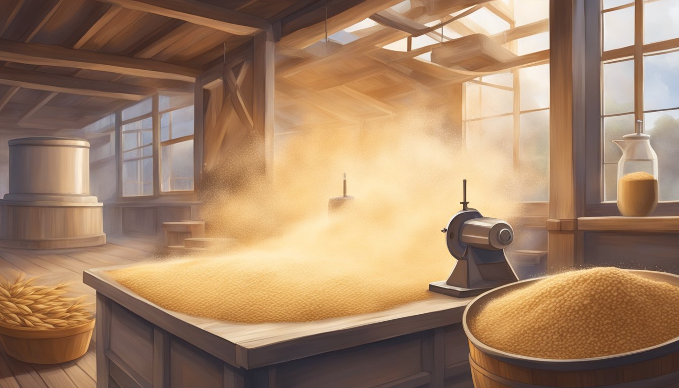 A mill grinds wheat into flour, releasing fine particles into the air. The flour is then mixed with water and sourdough starter, beginning the fermentation process