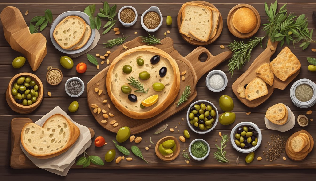 A rustic wooden table adorned with a variety of ingredients such as olives, herbs, and seeds, surrounded by freshly baked sourdough bread sculptures in unique shapes and designs