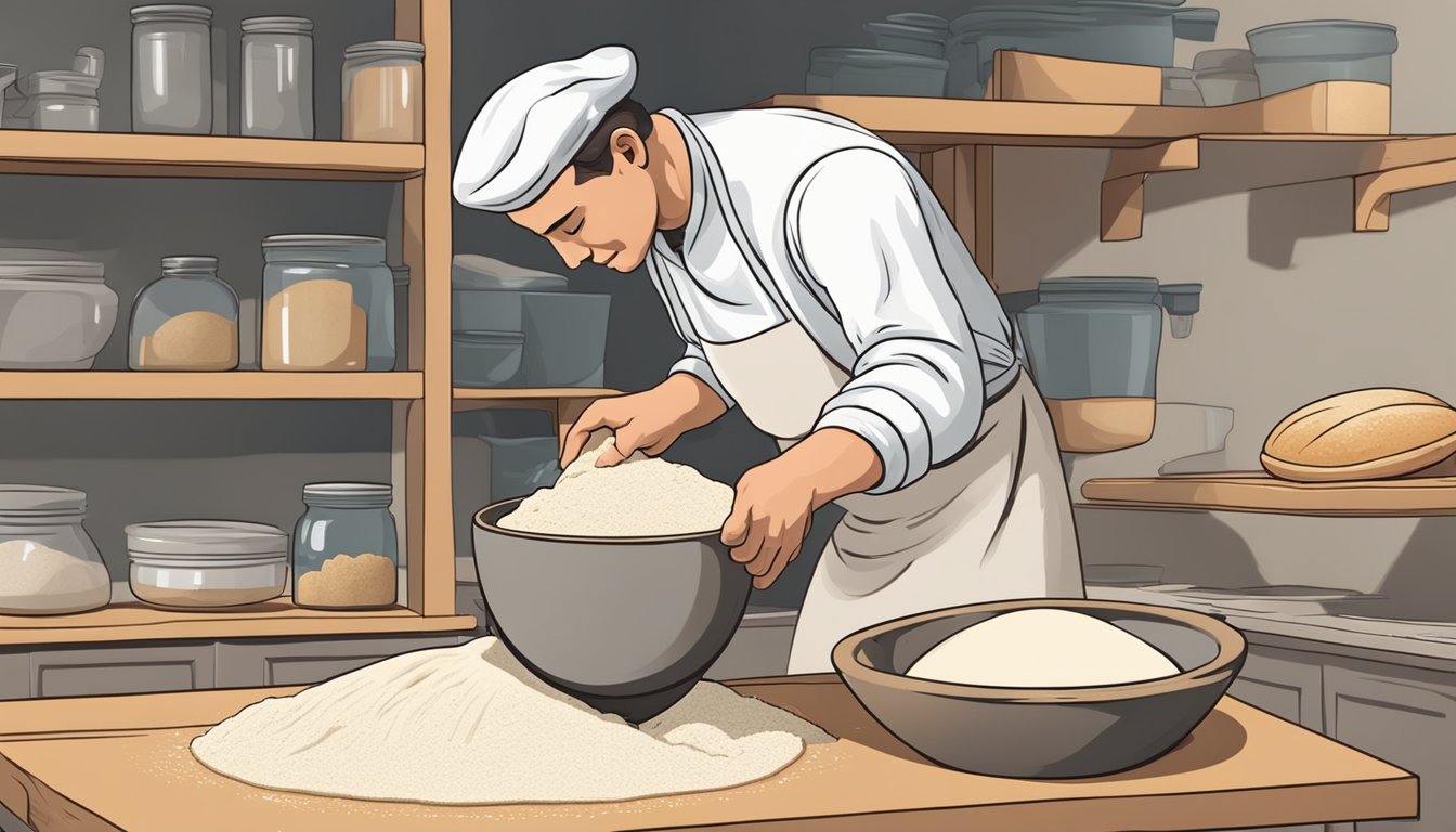 A baker carefully pours freshly milled flour into a large mixing bowl, ready to create a batch of sourdough bread