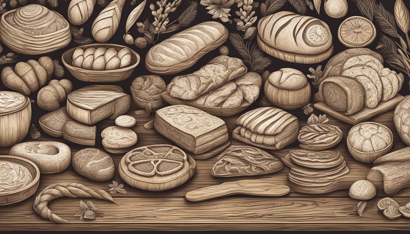 A rustic wooden table adorned with a variety of intricately sculpted sourdough bread creations, ranging from whimsical animals to abstract designs