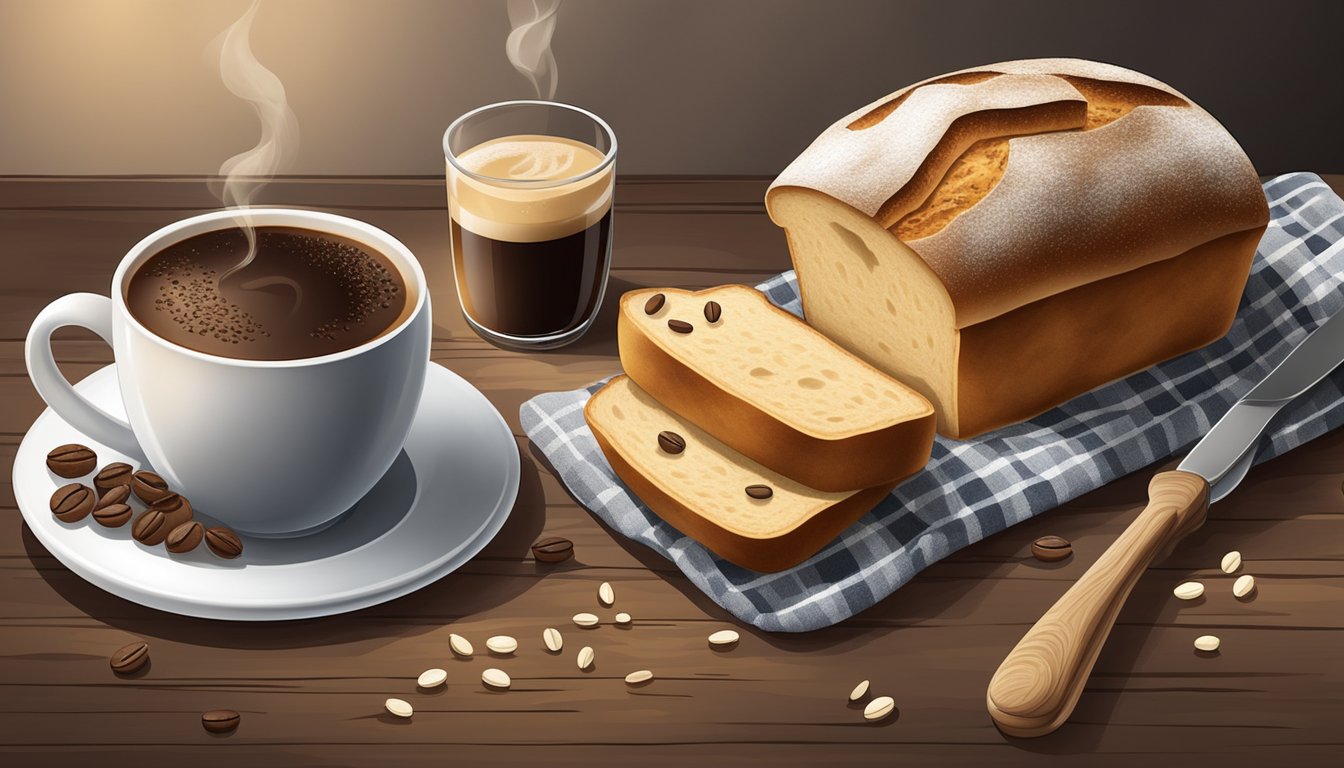 A rustic wooden table set with a steaming cup of coffee and a freshly baked loaf of sourdough bread, surrounded by scattered coffee beans and flour