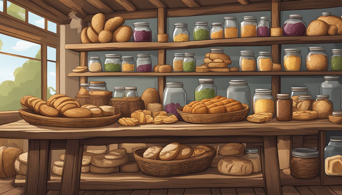 A rustic wooden table with various sourdough bread sculptures displayed on shelves, surrounded by jars of homemade preserves and a stack of woven bread baskets