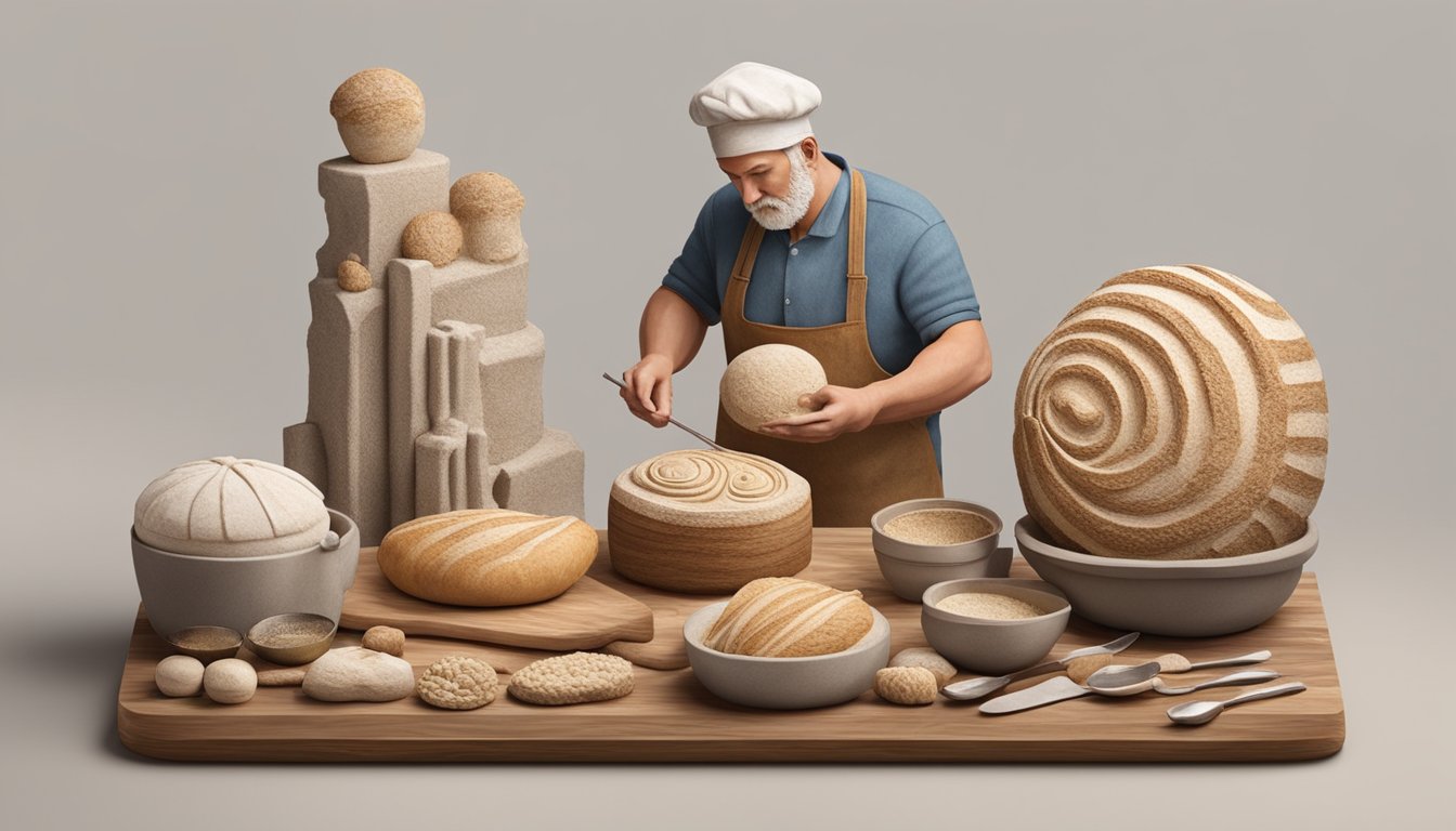 A baker carefully crafts a sourdough sculpture, ensuring both safety and edibility. The sculpture is a work of art, with intricate details and textures