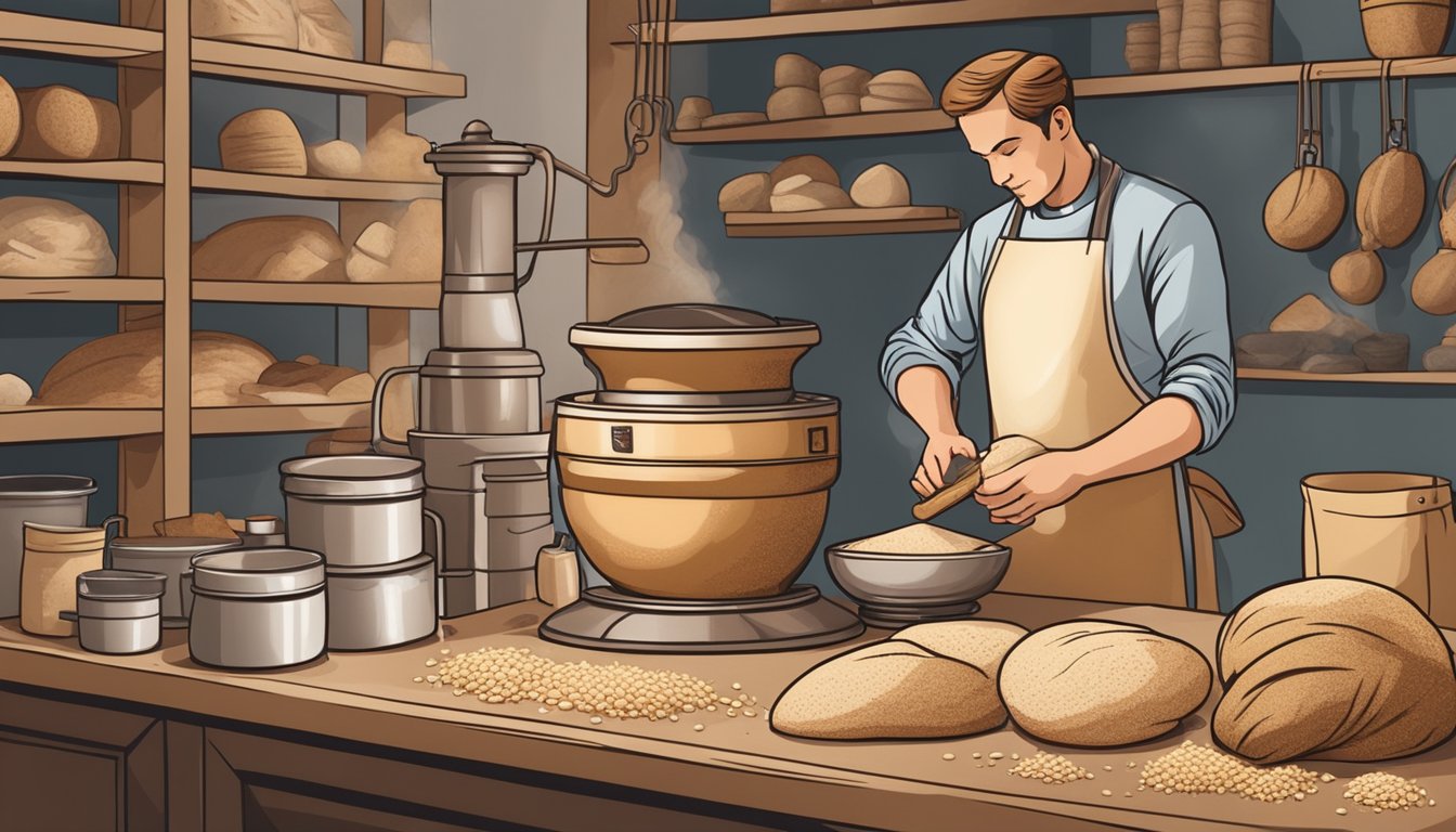 A baker carefully selects and grinds whole grains for sourdough bread, surrounded by various milling equipment and bags of flour