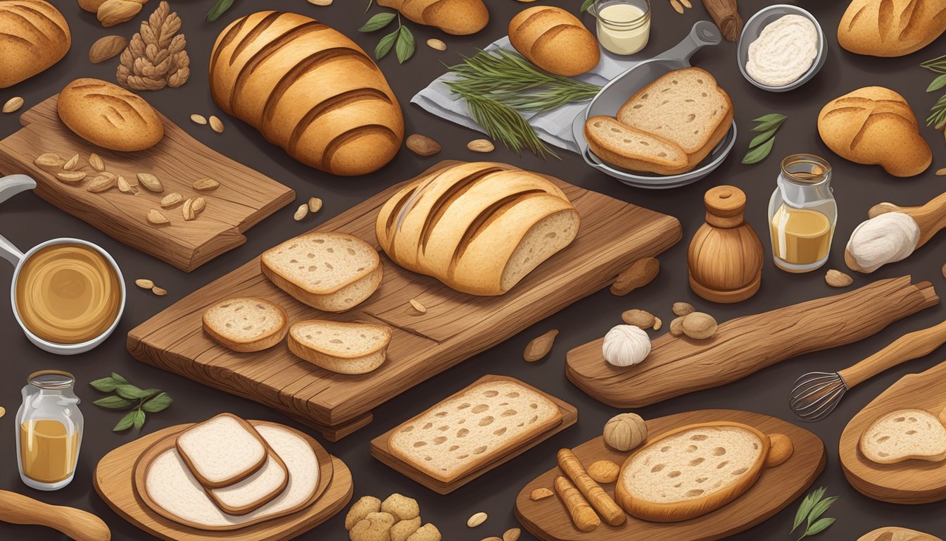 A rustic wooden table adorned with various sourdough bread sculptures, surrounded by artisanal bread-making tools and ingredients