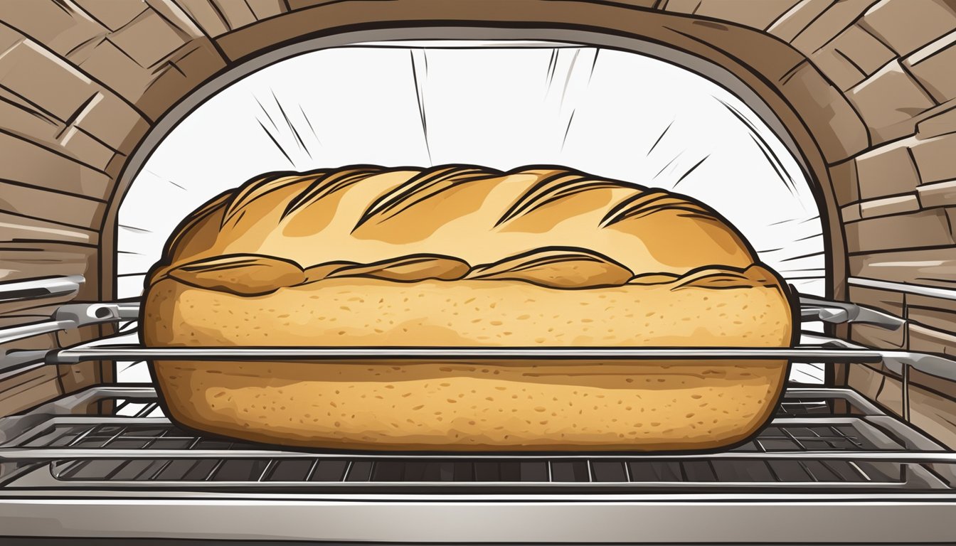 A loaf of bread rising in a hot oven, expanding and browning as it undergoes the final stage of the baking process