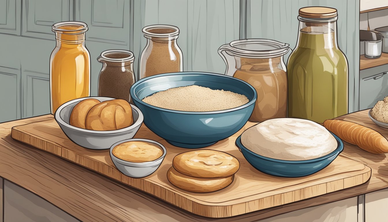 A rustic kitchen counter with a wooden cutting board, mixing bowl, measuring cups, and various ingredients for crafting sourdough doughnuts