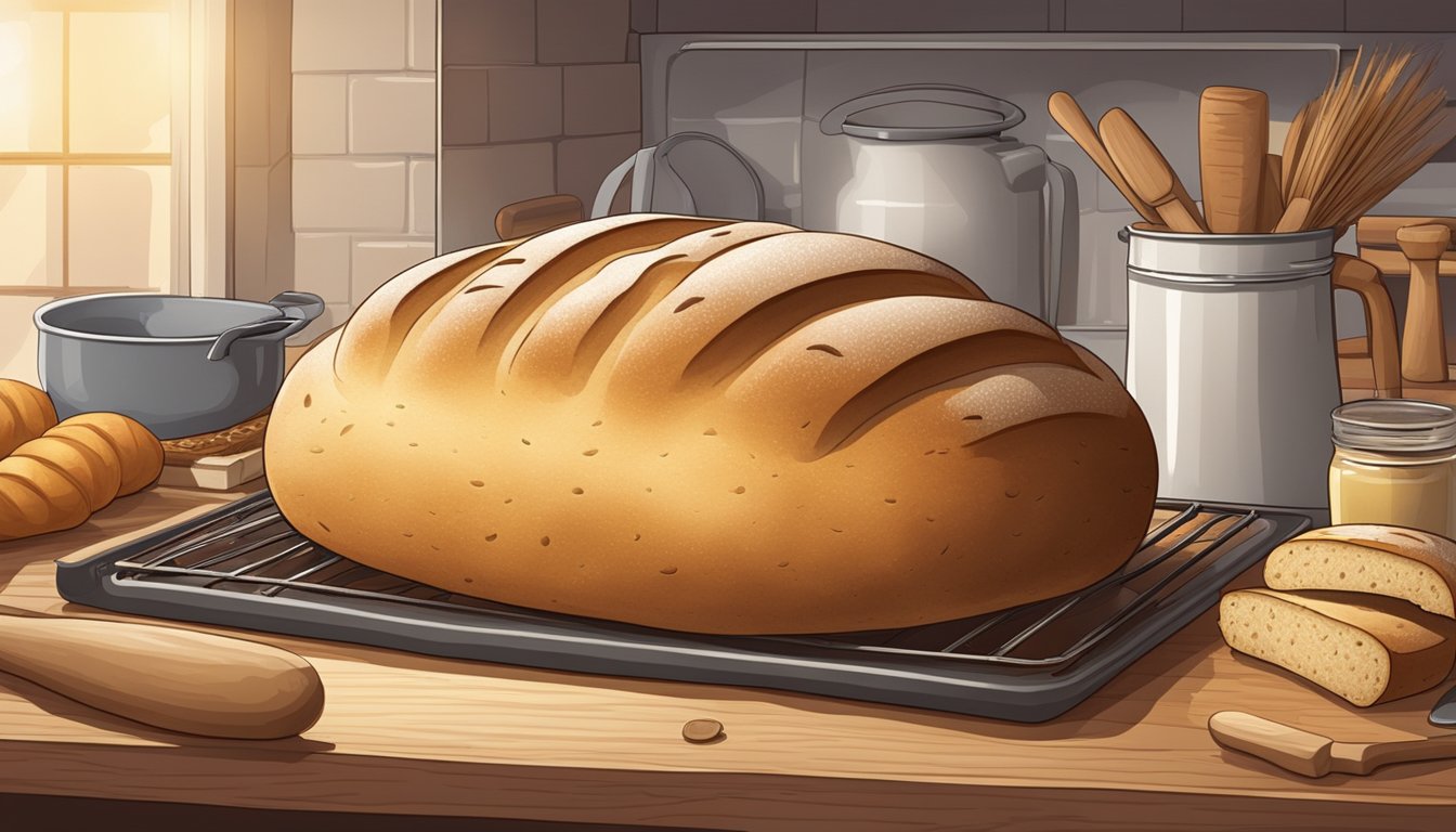 A loaf of bread rising in a hot oven, surrounded by various baking tools and ingredients