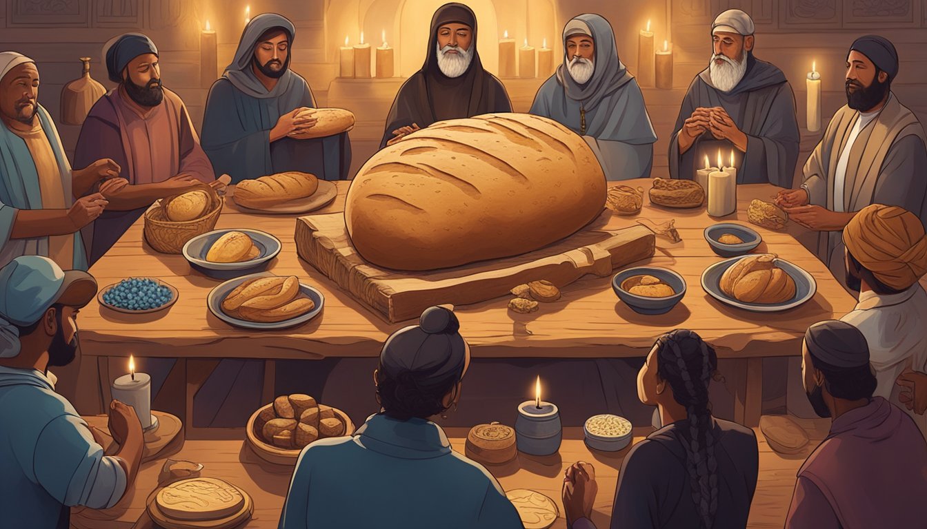 A group of people gather around a large wooden table, with various religious and cultural symbols displayed. A loaf of sourdough bread takes center stage, surrounded by candles and incense