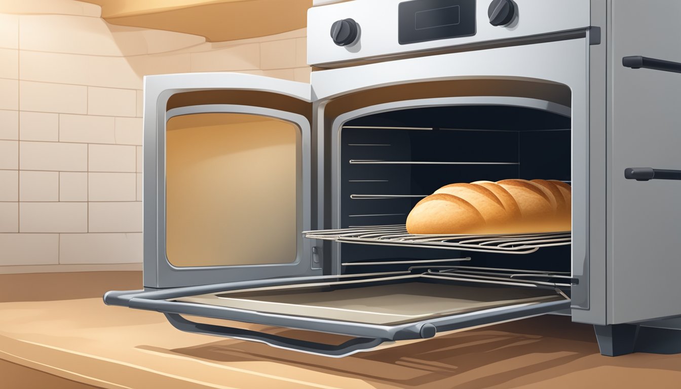 A loaf of bread rising in the oven, showing the physics of oven spring in action with the dough expanding and taking on its final shape