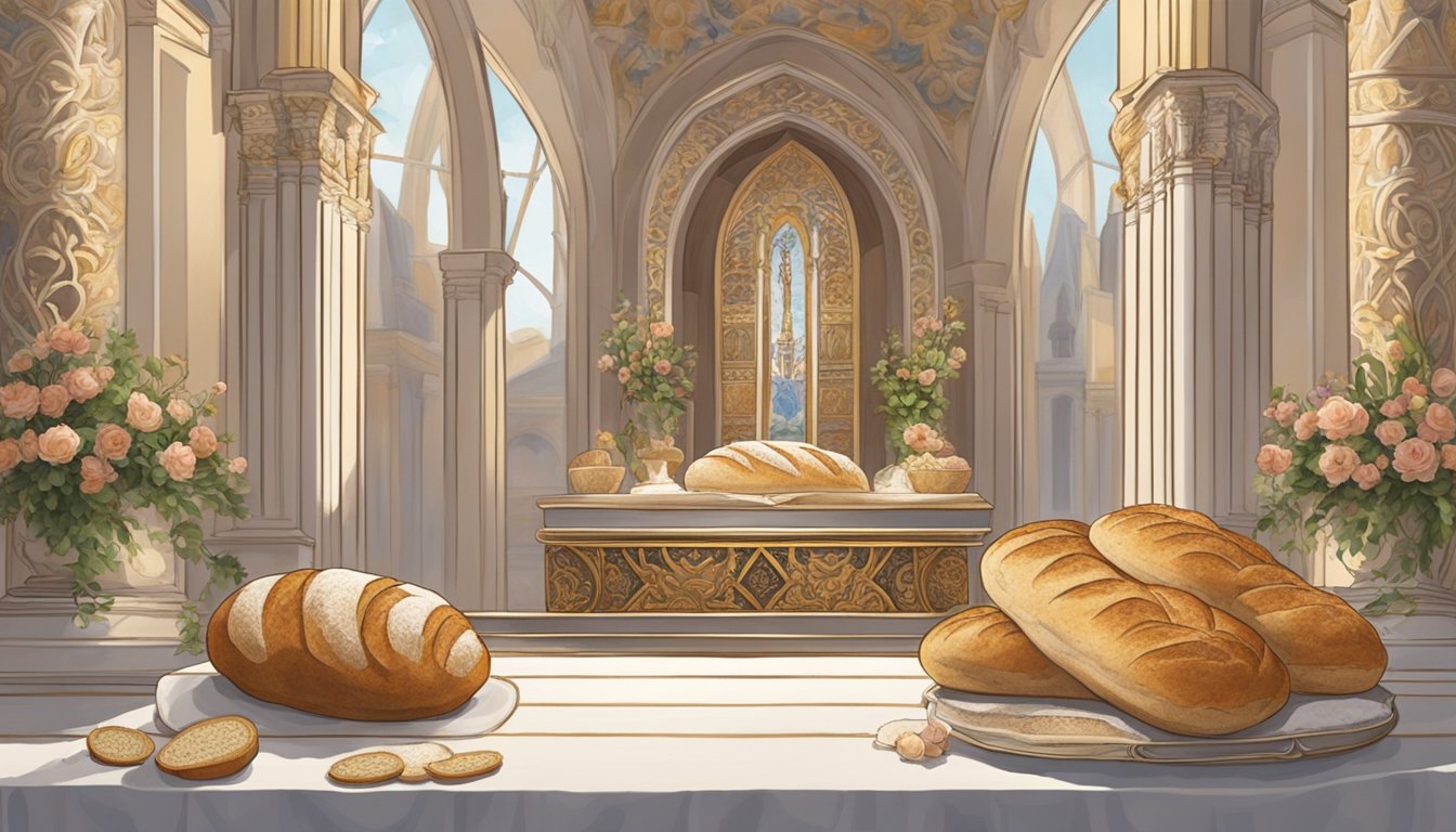 Sourdough bread placed on ornate altar in the midst of religious ceremony